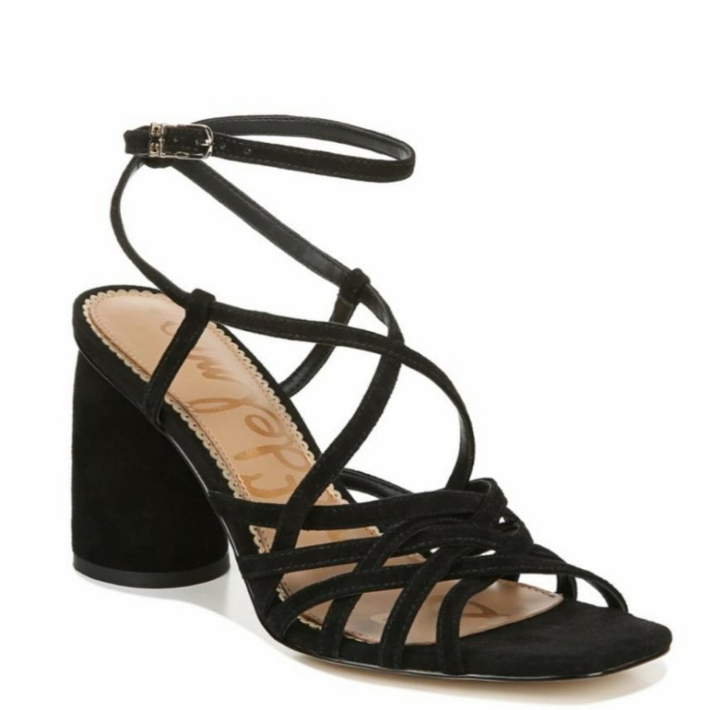 New SAM EDELMAN Daffodil Suede Leather Black Ankle Strap Heels